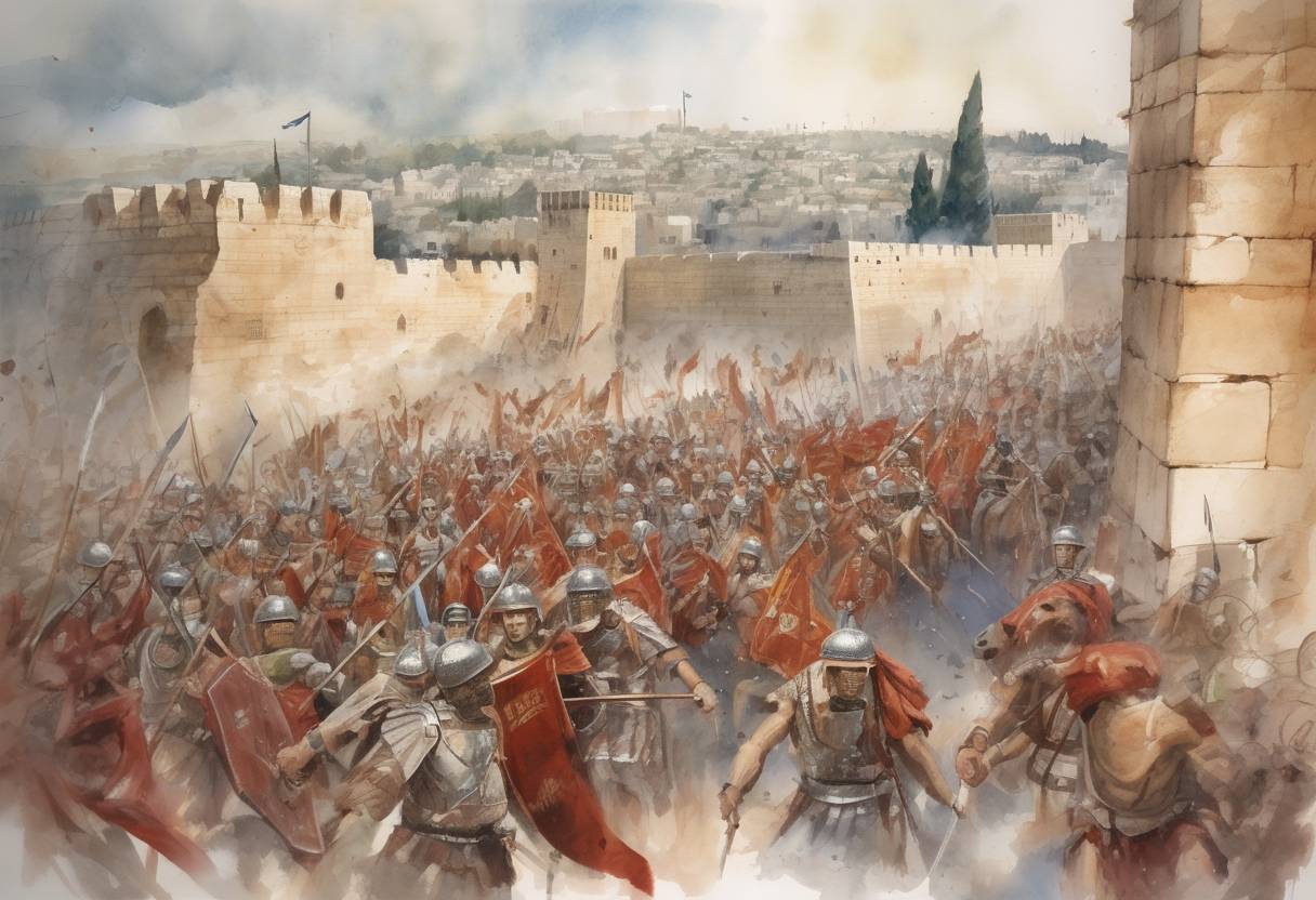 Watercolor painting based depiction of The Roman army, led by Titus, breached the middle wall of Jerusalem during the Siege of Jerusalem, a pivotal event in the First Jewish–Roman War. (70)