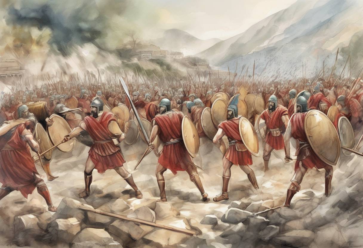 Watercolor painting based depiction of The Battle of Thermopylae concludes with a Persian victory over the Greek city-states, led by King Leonidas of Sparta. (480)