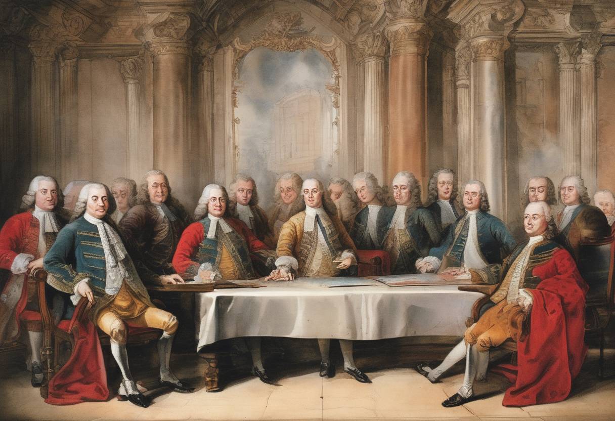 Watercolor painting based depiction of The Treaty of Utrecht was signed, ending the War of the Spanish Succession. This treaty helped to establish the balance of power in Europe and marked the rise of the British Empire. (1713)