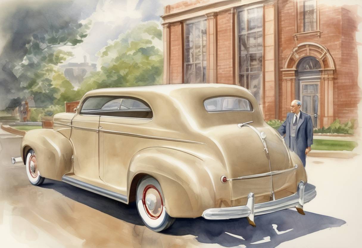 Watercolor painting based depiction of Henry Ford patents a plastic automobile, which is 30% lighter than a regular car. (1942)