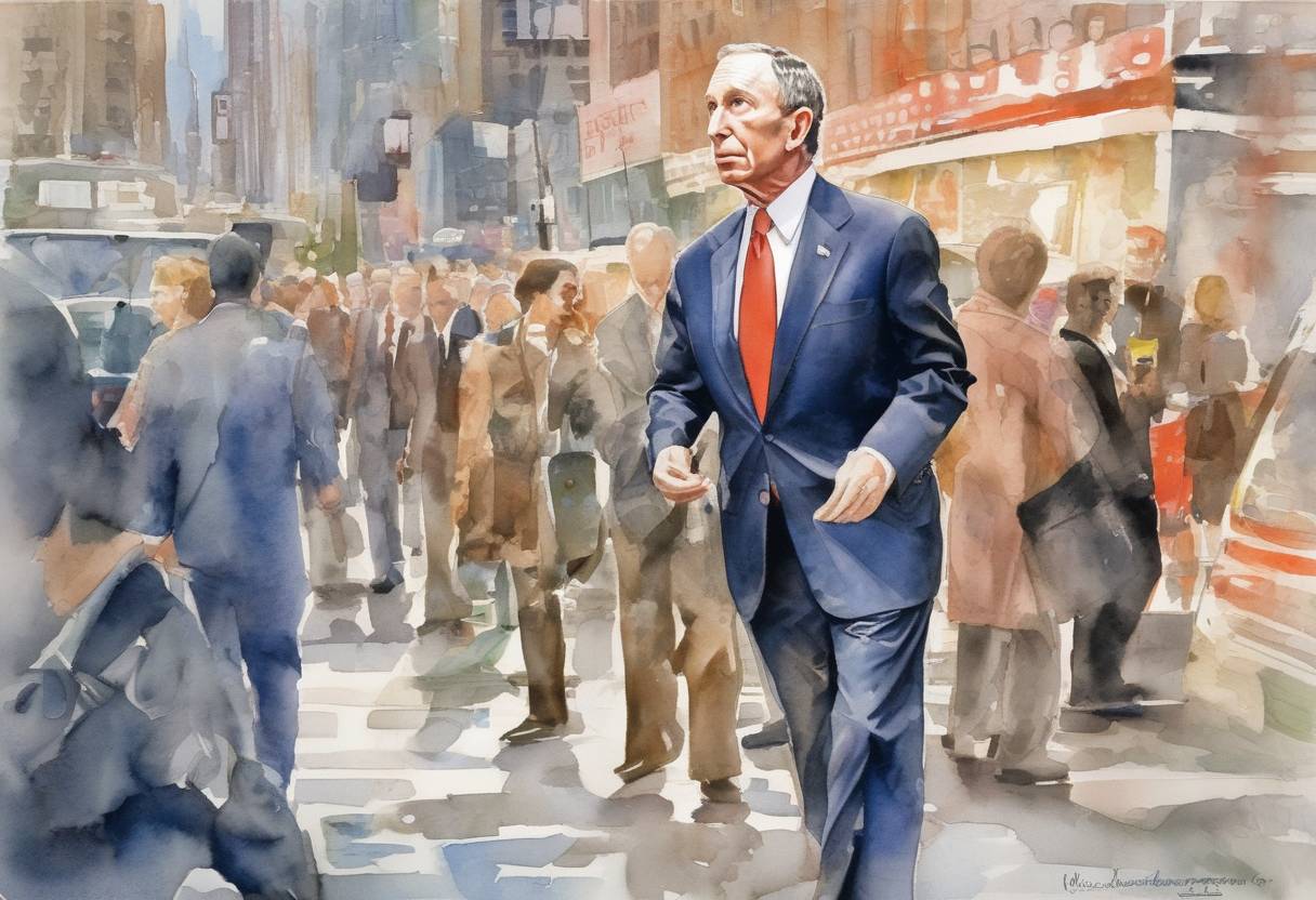 Watercolor painting based depiction of Michael Bloomberg was elected as the Mayor of New York City, succeeding Rudy Giuliani. Bloomberg, a billionaire businessman and philanthropist, ran as a Republican and later served three terms as mayor. (2001)