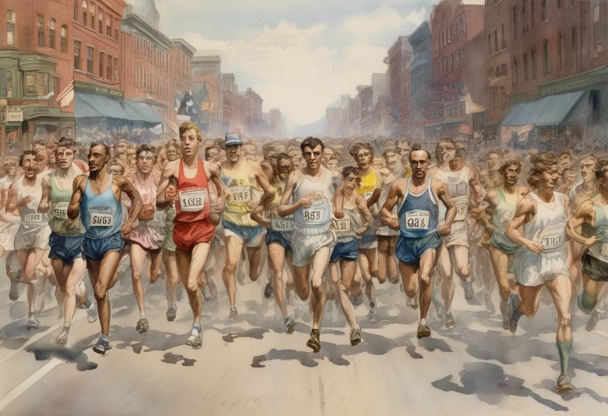 Watercolor painting based depiction of The first Boston Marathon is held, with John J. McDermott of New York winning the race. (1897)