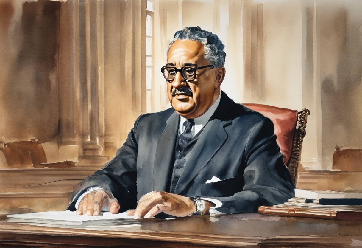 Watercolor painting based depiction of Thurgood Marshall was sworn in as the first African American Justice of the United States Supreme Court. (1967)