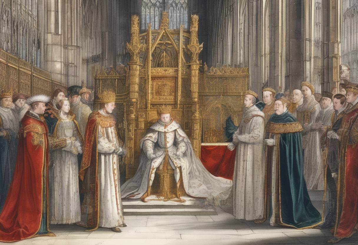 Watercolor painting based depiction of Edward VI of England was crowned King of England at Westminster Abbey. (1547)