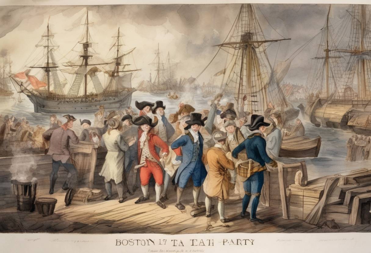 Watercolor painting based depiction of The Boston Tea Party occurs as American colonists protest against British taxation by dumping tea into Boston Harbor. (1773)