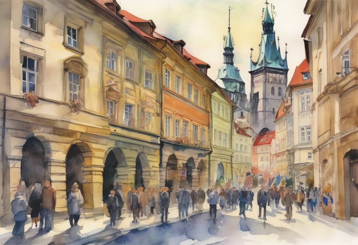 Watercolor painting based depiction of NATO invites seven Eastern European countries to join the alliance: Bulgaria, Estonia, Latvia, Lithuania, Romania, Slovakia, and Slovenia. (2002)