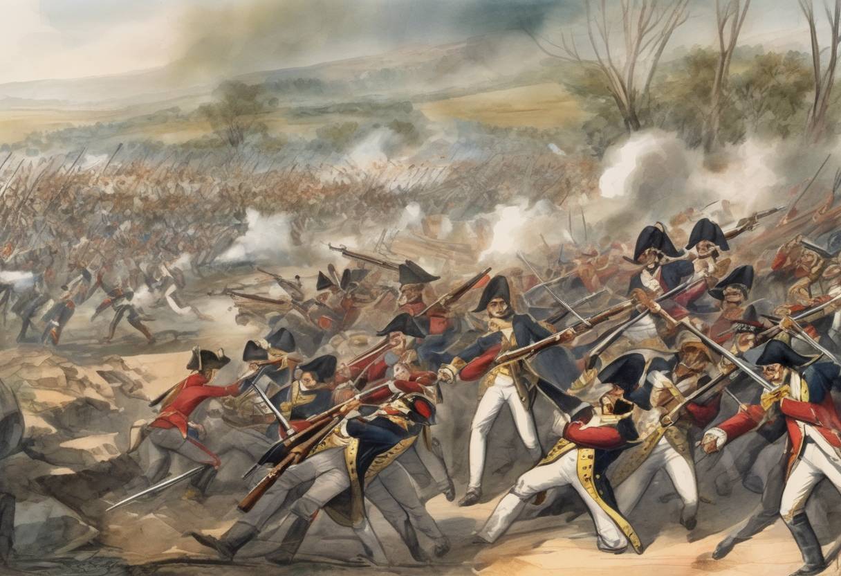 Watercolor painting based depiction of Mexican War of Independence: In the Battle of Calderón Bridge, a heavily outnumbered Spanish force defeats Mexican revolutionaries. (1811)