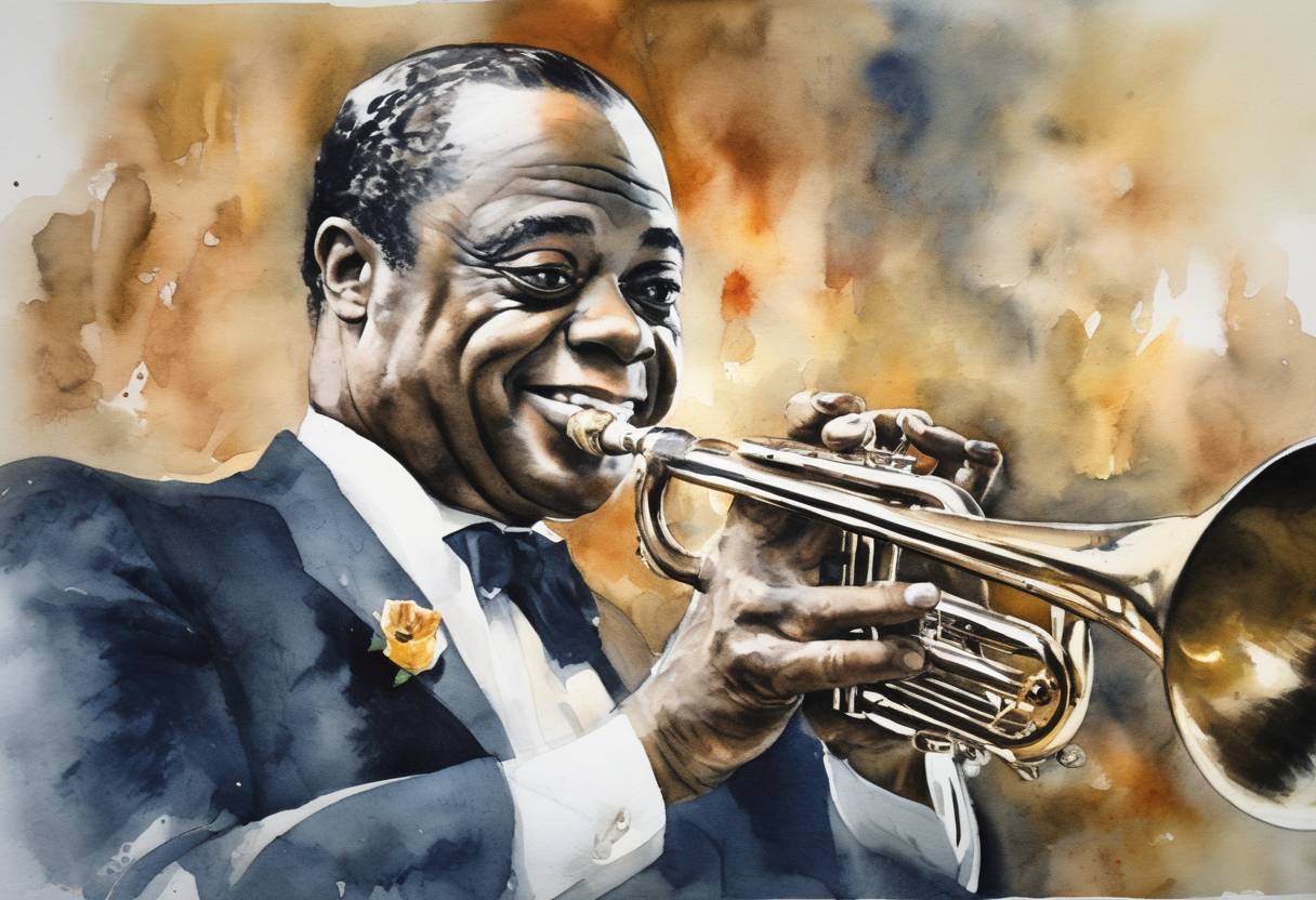 Watercolor painting based depiction of Jazz musician Louis Armstrong, one of the most influential figures in jazz history, passed away in New York City. (1971)