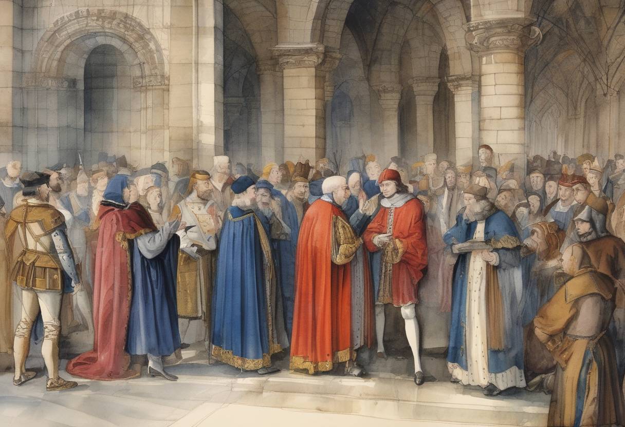 Watercolor painting based depiction of King Charles VI of France ordered the expulsion of all Jews from France. (1394)