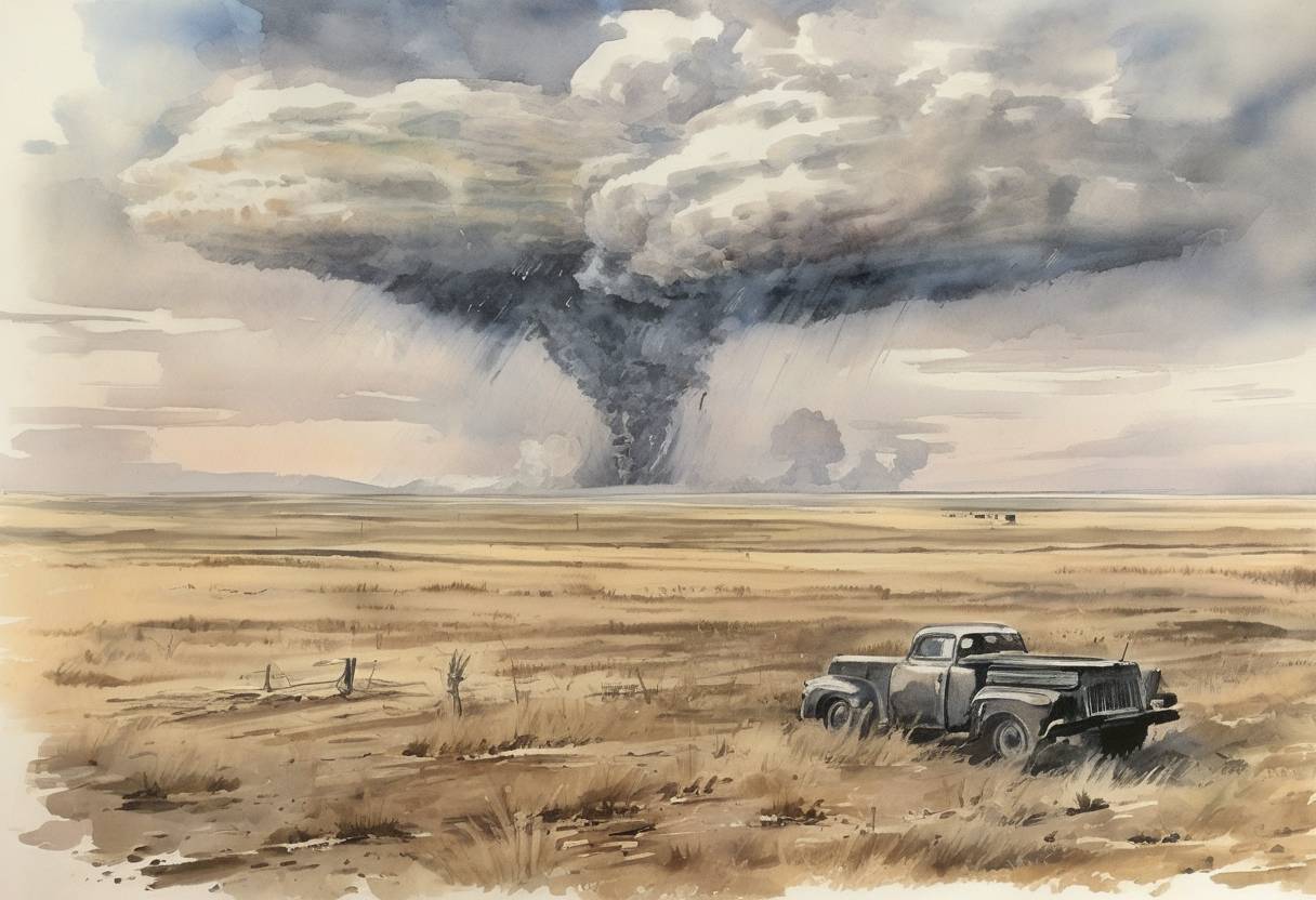 Watercolor painting based depiction of The Soviet Union detonated its first atomic bomb, known as 'RDS-1' or 'First Lightning', at the Semipalatinsk Test Site in Kazakhstan, marking the beginning of the nuclear arms race. (1949)