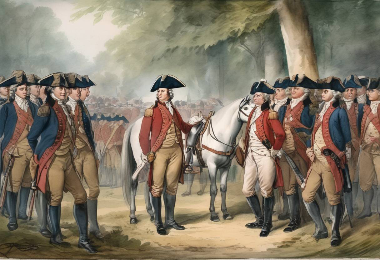 Watercolor painting based depiction of British General John Burgoyne surrendered to American forces at Saratoga, marking a turning point in the American Revolutionary War. (1777)