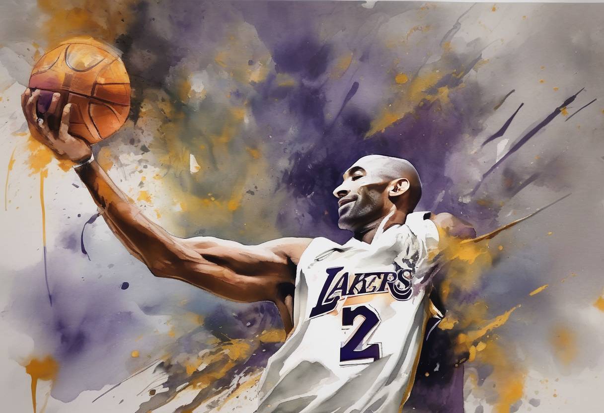 Watercolor painting based depiction of Basketball legend Kobe Bryant, his daughter Gianna, and seven others die in a helicopter crash in Calabasas, California. (2020)