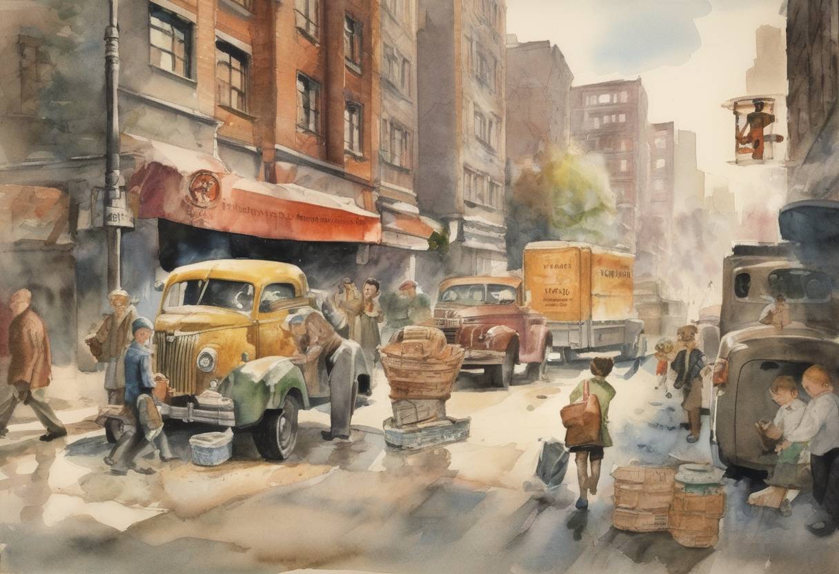 Watercolor painting based depiction of The United Nations International Children's Emergency Fund (UNICEF) is established to provide emergency food and healthcare to children in countries that had been devastated by World War II. (1946)