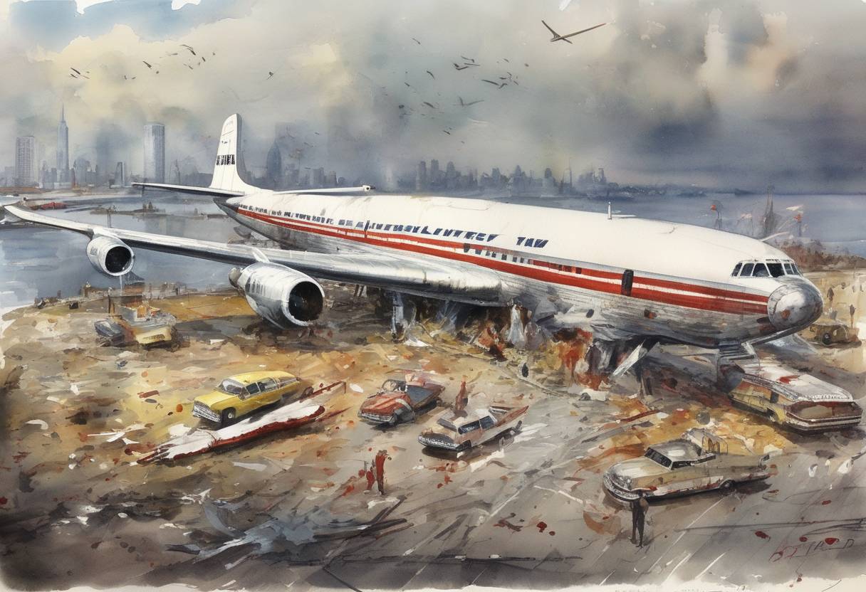Watercolor painting based depiction of A United Airlines DC-8 and a TWA Lockheed Super Constellation collided over Staten Island, New York City, killing all 128 people on both planes and six more on the ground. (1960)