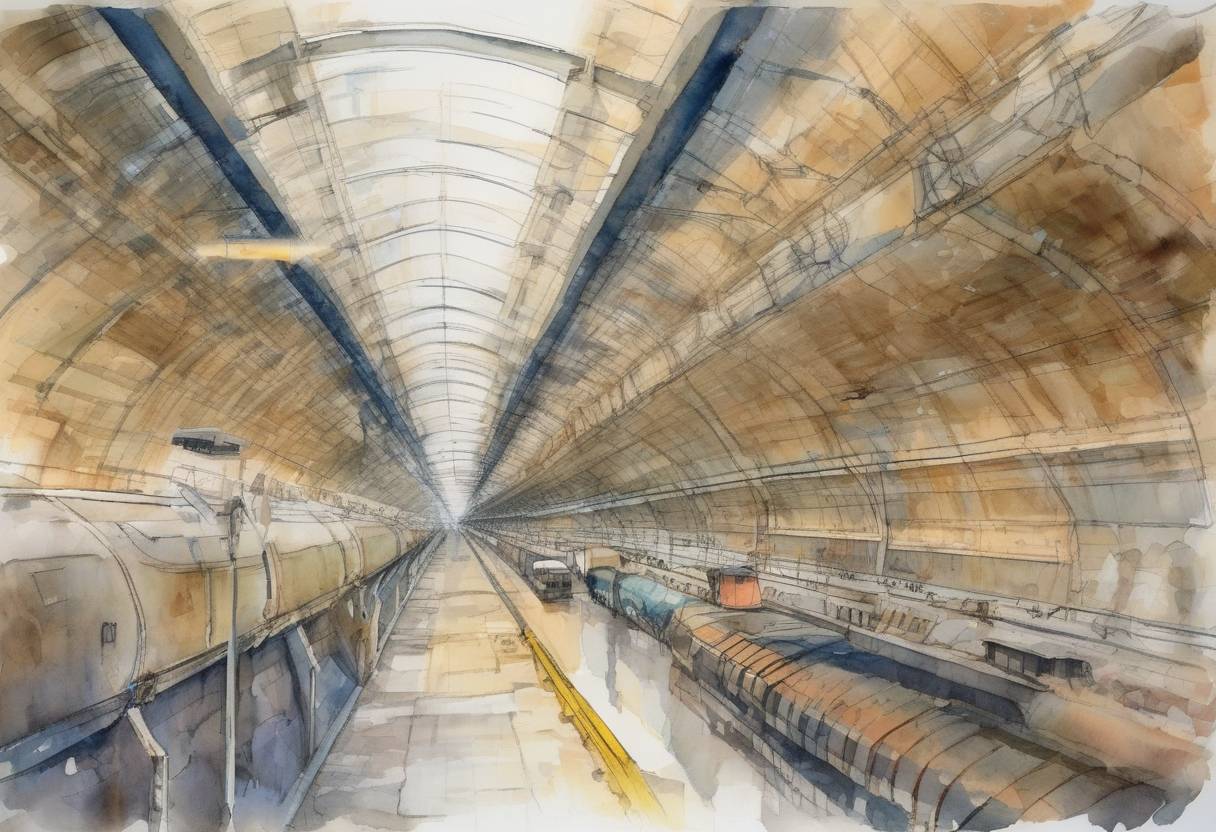 Watercolor painting based depiction of The Channel Tunnel, linking England and France, officially opens. (1994)