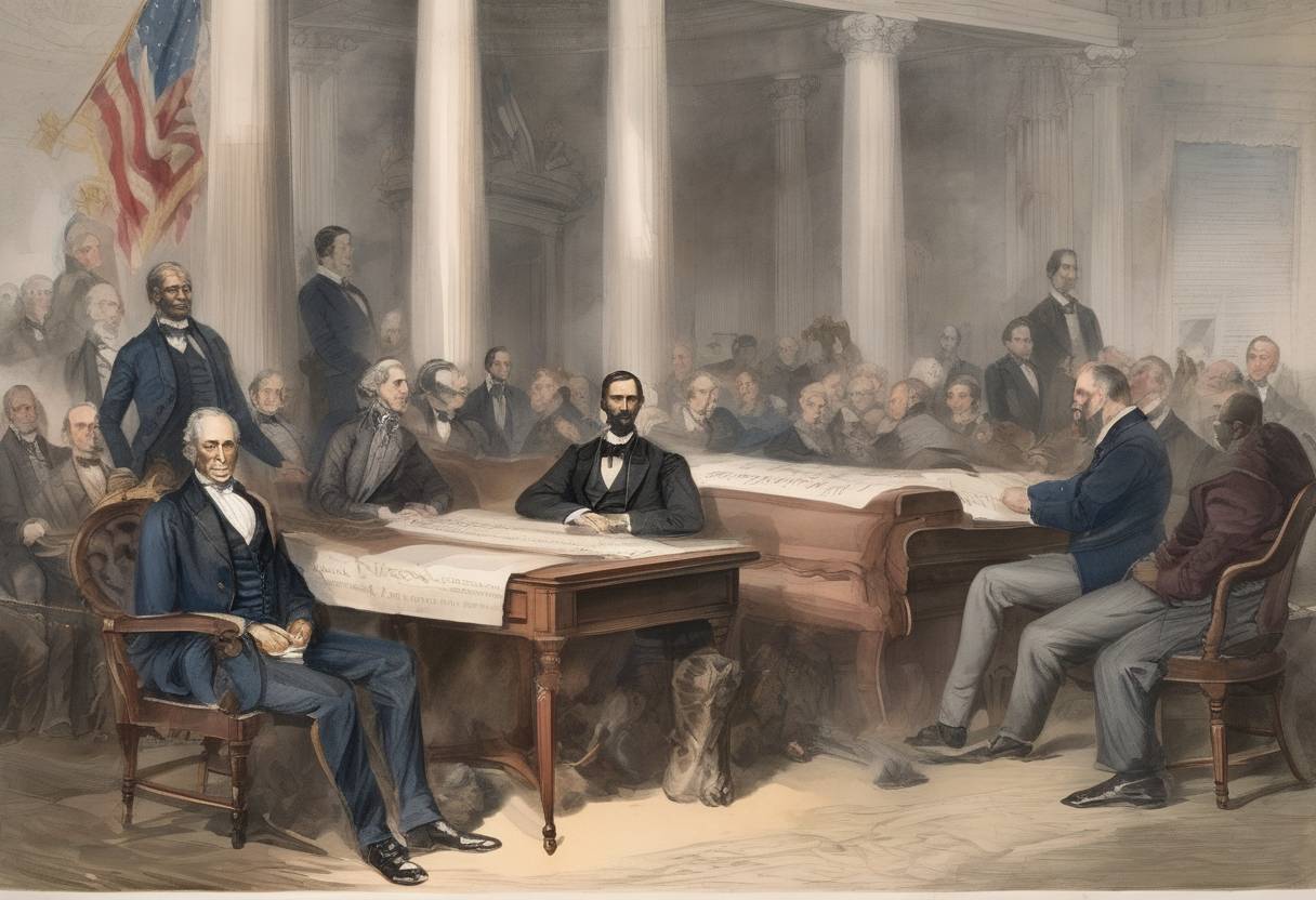 Watercolor painting based depiction of The Thirteenth Amendment to the United States Constitution was ratified, abolishing slavery in the United States. (1865)