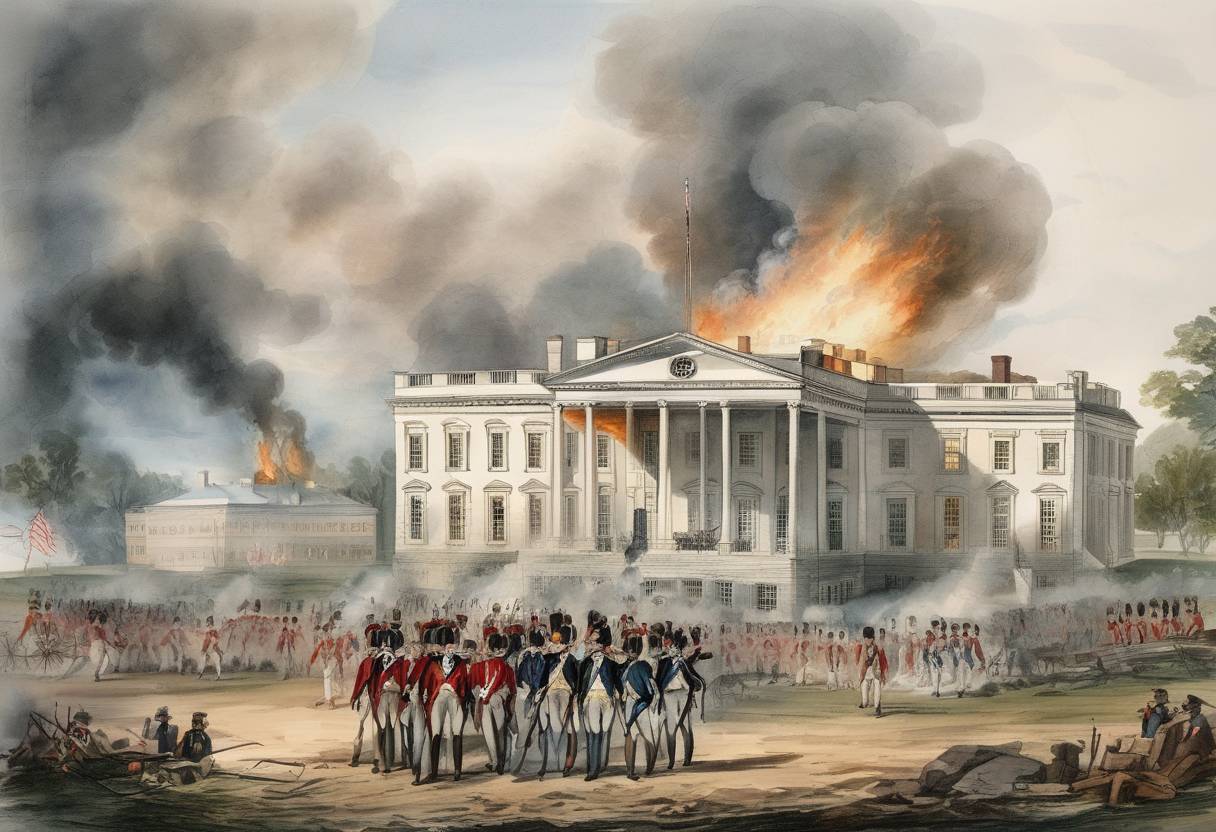 Watercolor painting based depiction of During the War of 1812, British forces capture Washington, D.C., and set fire to many public buildings, including the White House and the Capitol. (1814)