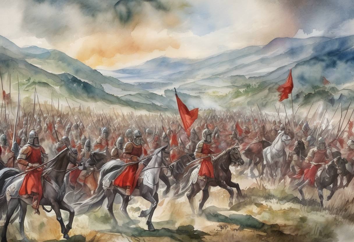 Watercolor painting based depiction of The Battle of Torvioll took place, where Skanderbeg, the Albanian national hero, defeated the Ottoman forces. (1444)