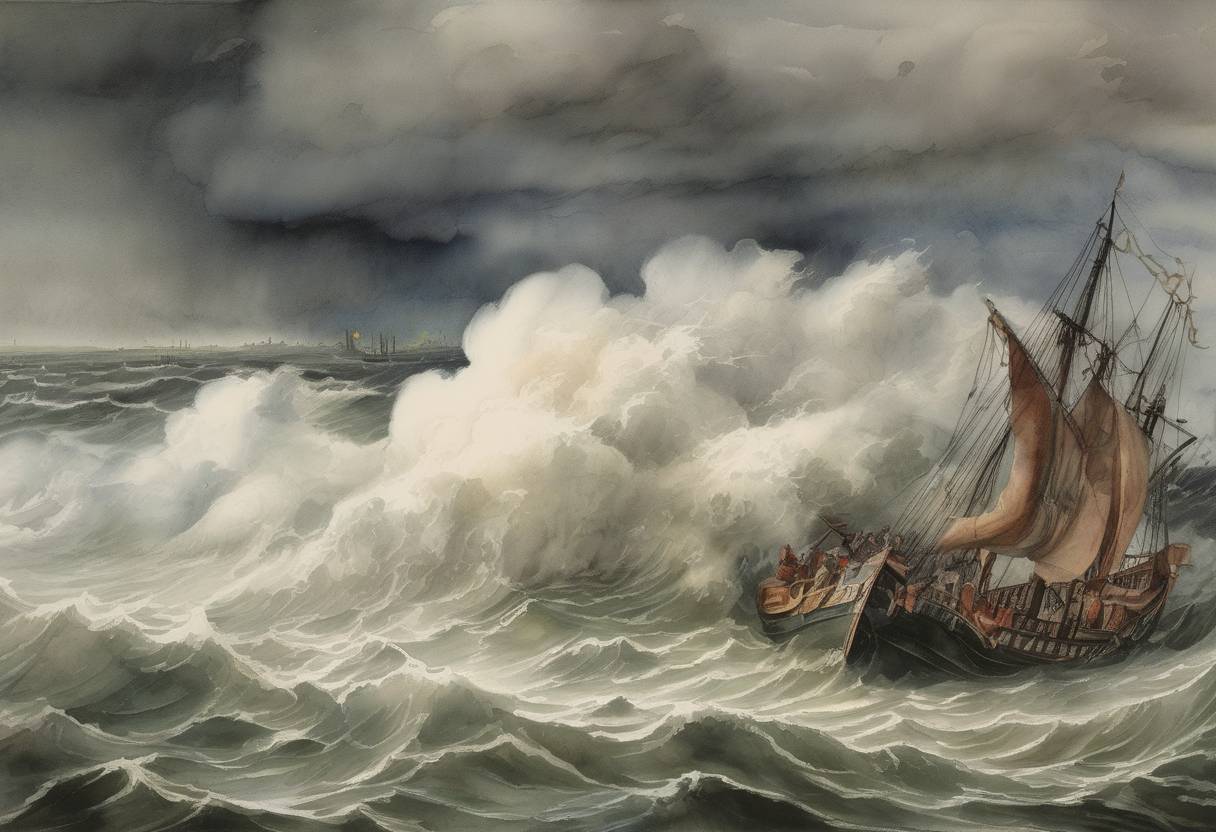 Watercolor painting based depiction of A storm in the North Sea creates the St. Elizabeth's flood in the Netherlands, killing thousands. (1421)