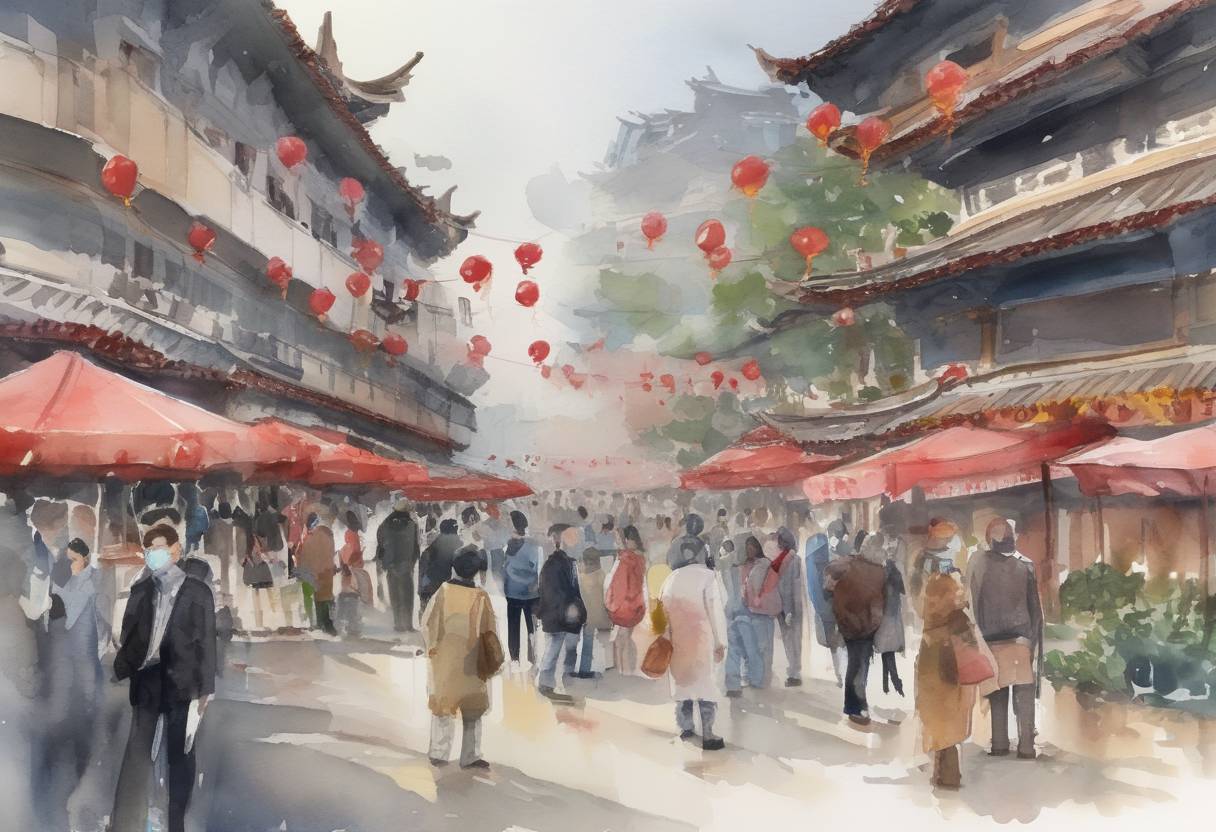 Watercolor painting based depiction of The World Health Organization team arrived in Wuhan, China, to investigate the origins of the COVID-19 pandemic. (2021)