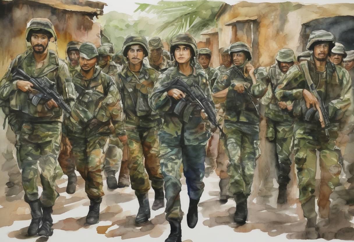 Watercolor painting based depiction of Colombian military forces rescued 15 hostages, including Ingrid Betancourt, from the Revolutionary Armed Forces of Colombia (FARC) in Operation Jaque. (2008)
