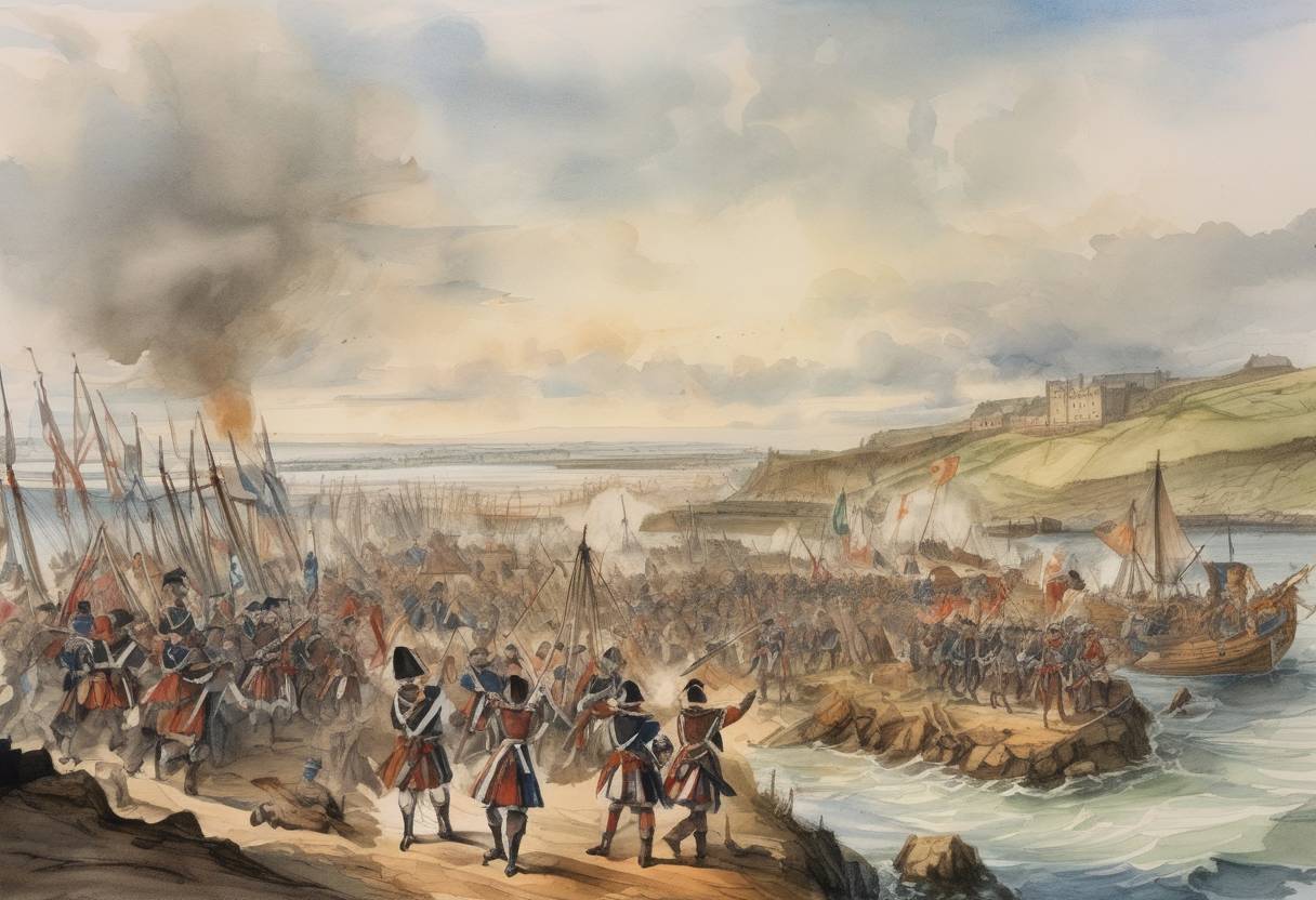 Watercolor painting based depiction of The Battle of Dunbar took place during the Third English Civil War, where Oliver Cromwell's forces defeated the Scottish army. (1650)