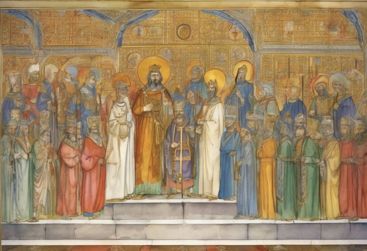 Watercolor painting based depiction of Nikephoros II Phokas is crowned Emperor of the Byzantine Empire. (963)