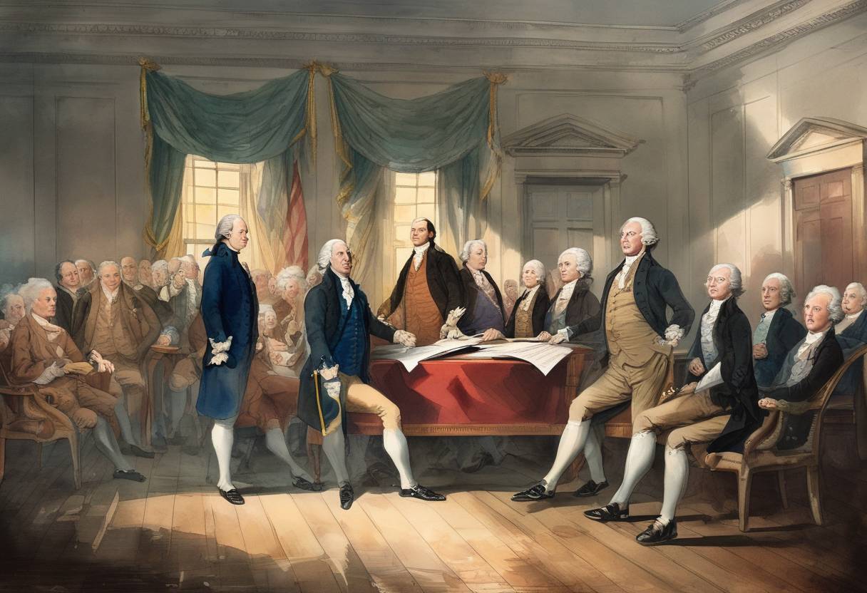 Watercolor painting based depiction of The United States' Constitutional Convention set the date for the first presidential election and declared the Constitution to be in effect once ratified by nine states. (1788)