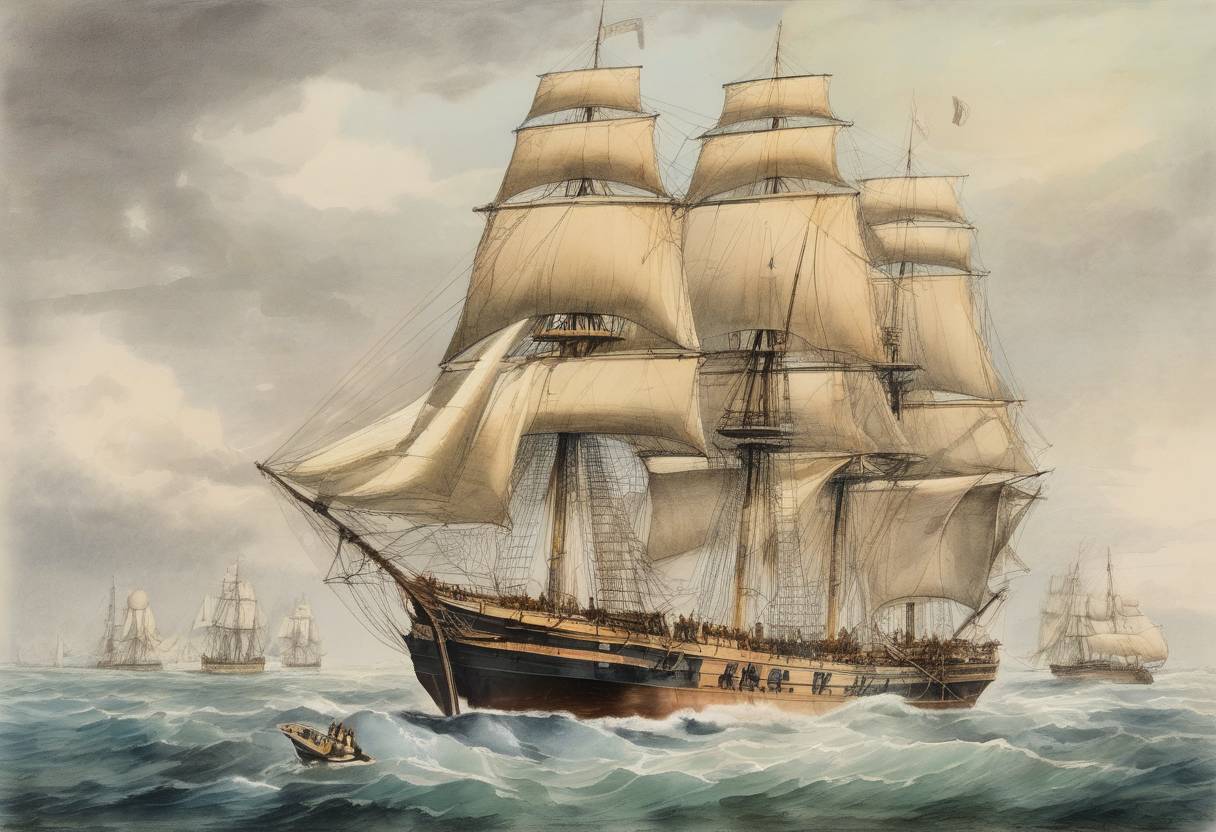 Watercolor painting based depiction of The Challenger expedition, a pioneering oceanographic expedition, set sail from Portsmouth, England, marking the beginning of modern oceanography. (1872)
