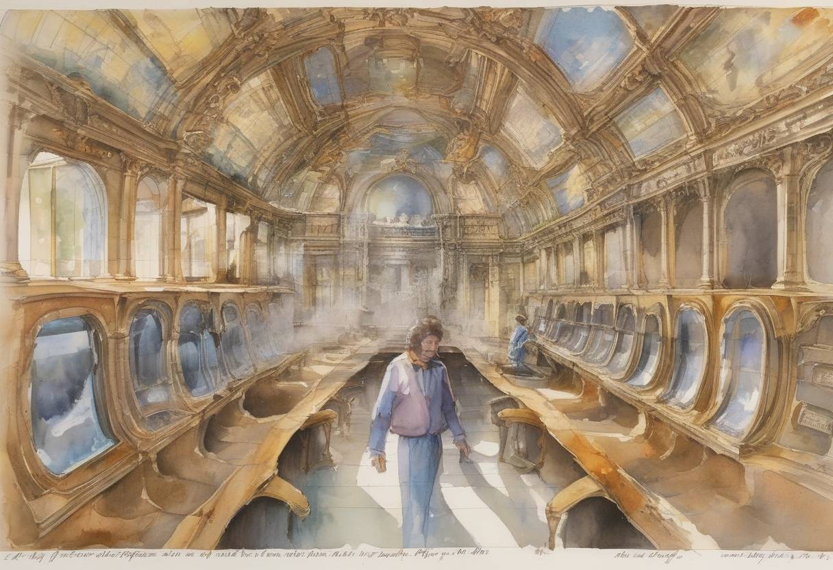 Watercolor painting based depiction of The meter is defined as the distance light travels in a vacuum in 1/299,792,458 of a second, by the 17th General Conference on Weights and Measures. (1983)