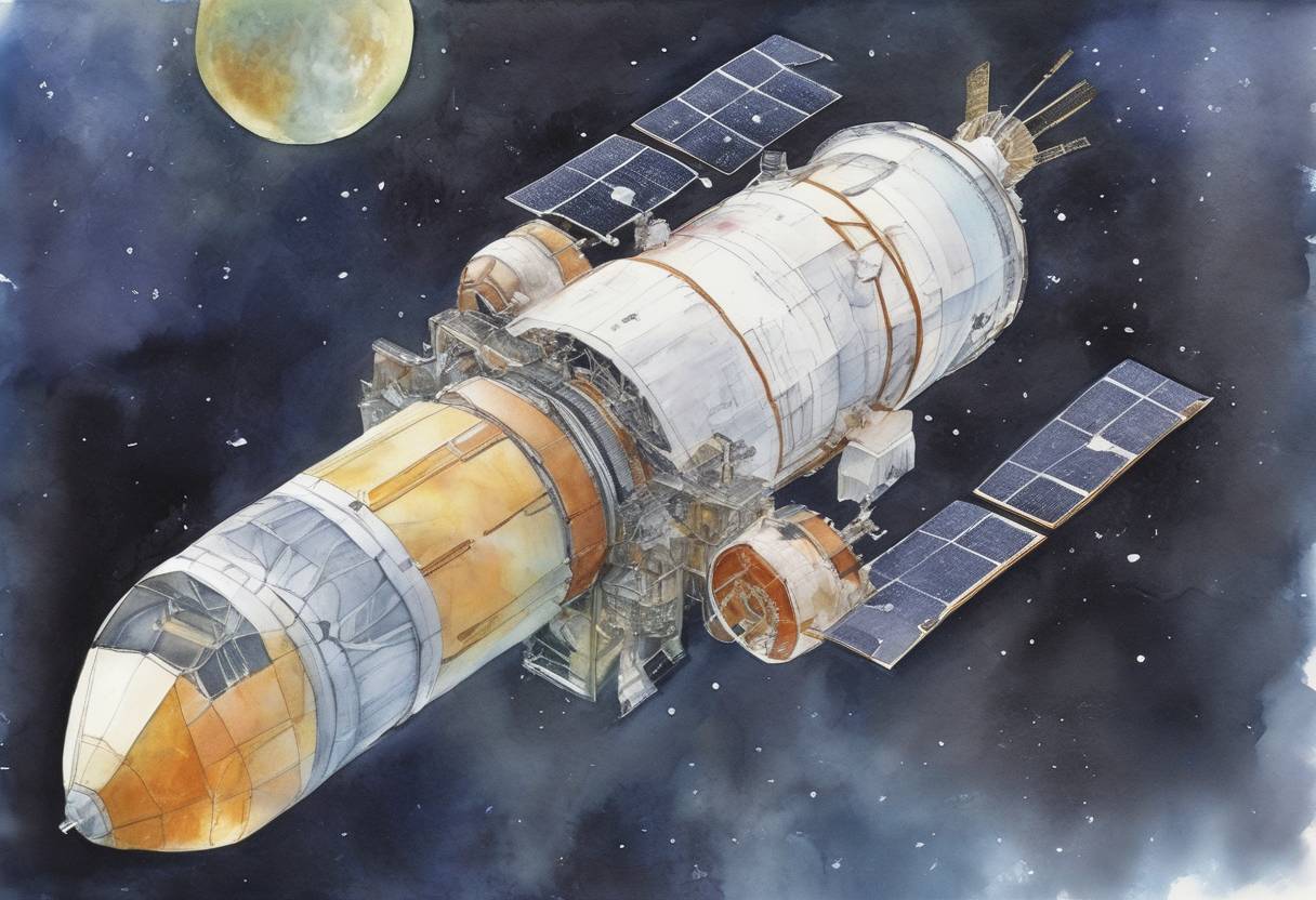 Watercolor painting based depiction of The SMART-1 spacecraft, a European Space Agency mission, was launched. It was the first European mission to the Moon and aimed to test new propulsion and communication technologies. (2003)