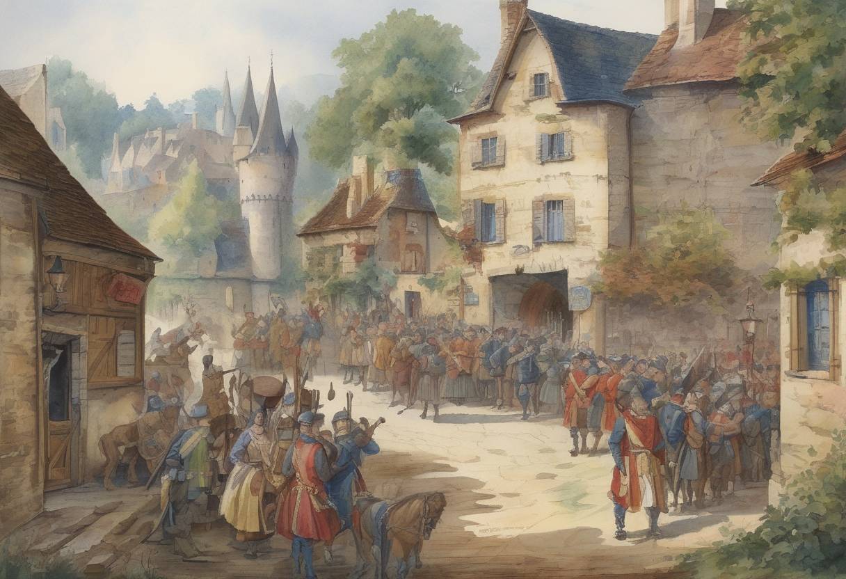 Watercolor painting based depiction of The Peace of Bicêtre was signed, ending the Armagnac–Burgundian Civil War in France. (1410)