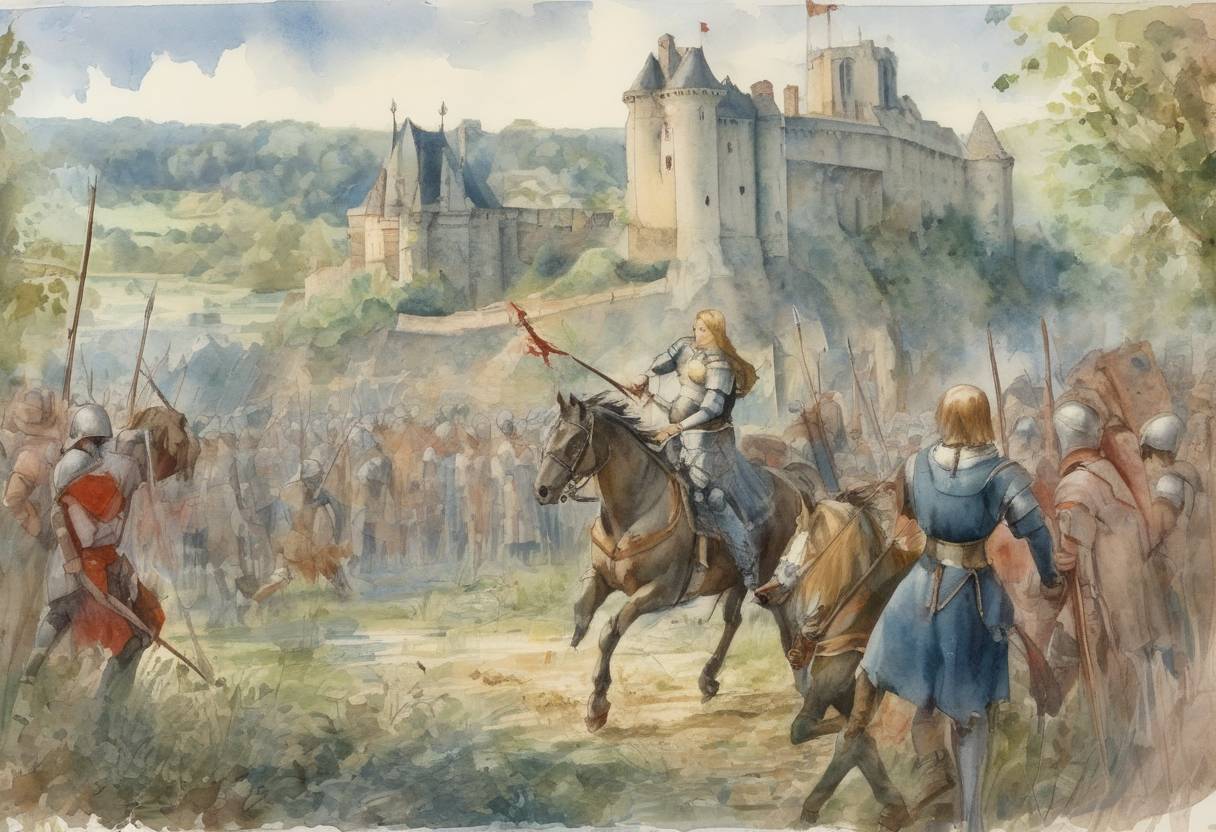 Watercolor painting based depiction of Joan of Arc liberated Saint-Pierre-le-Moûtier in the Loire Valley during the Hundred Years' War. (1429)