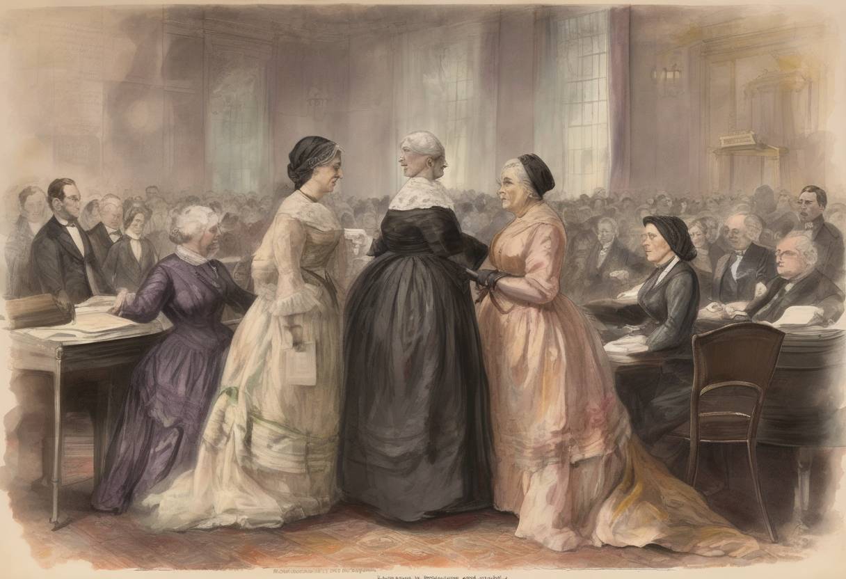 Watercolor painting based depiction of Susan B. Anthony and Elizabeth Cady Stanton formed the National Woman Suffrage Association in New York City, advocating for women's voting rights in the United States. (1869)