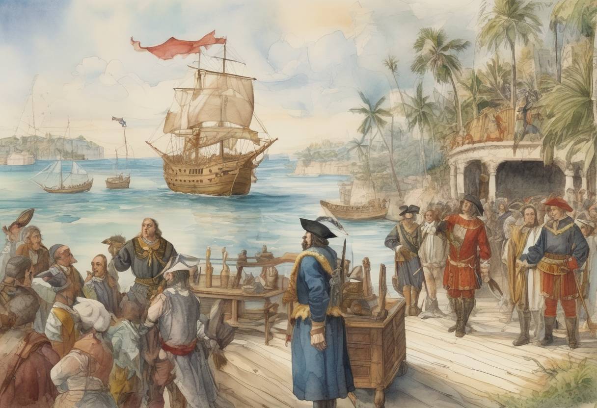 Watercolor painting based depiction of Christopher Columbus lands in Cuba during his first voyage to the New World. (1492)