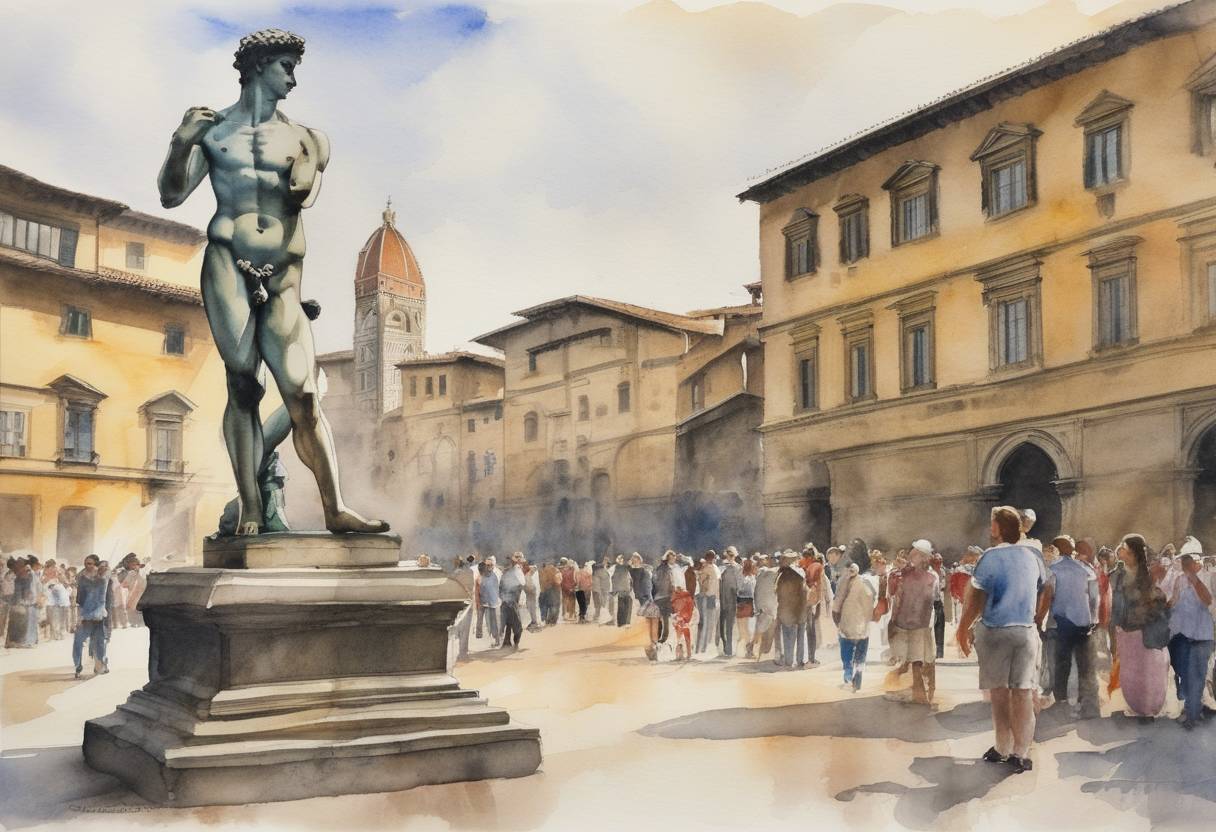 Watercolor painting based depiction of Michelangelo's statue of David is unveiled in Florence's Piazza della Signoria. (1504)