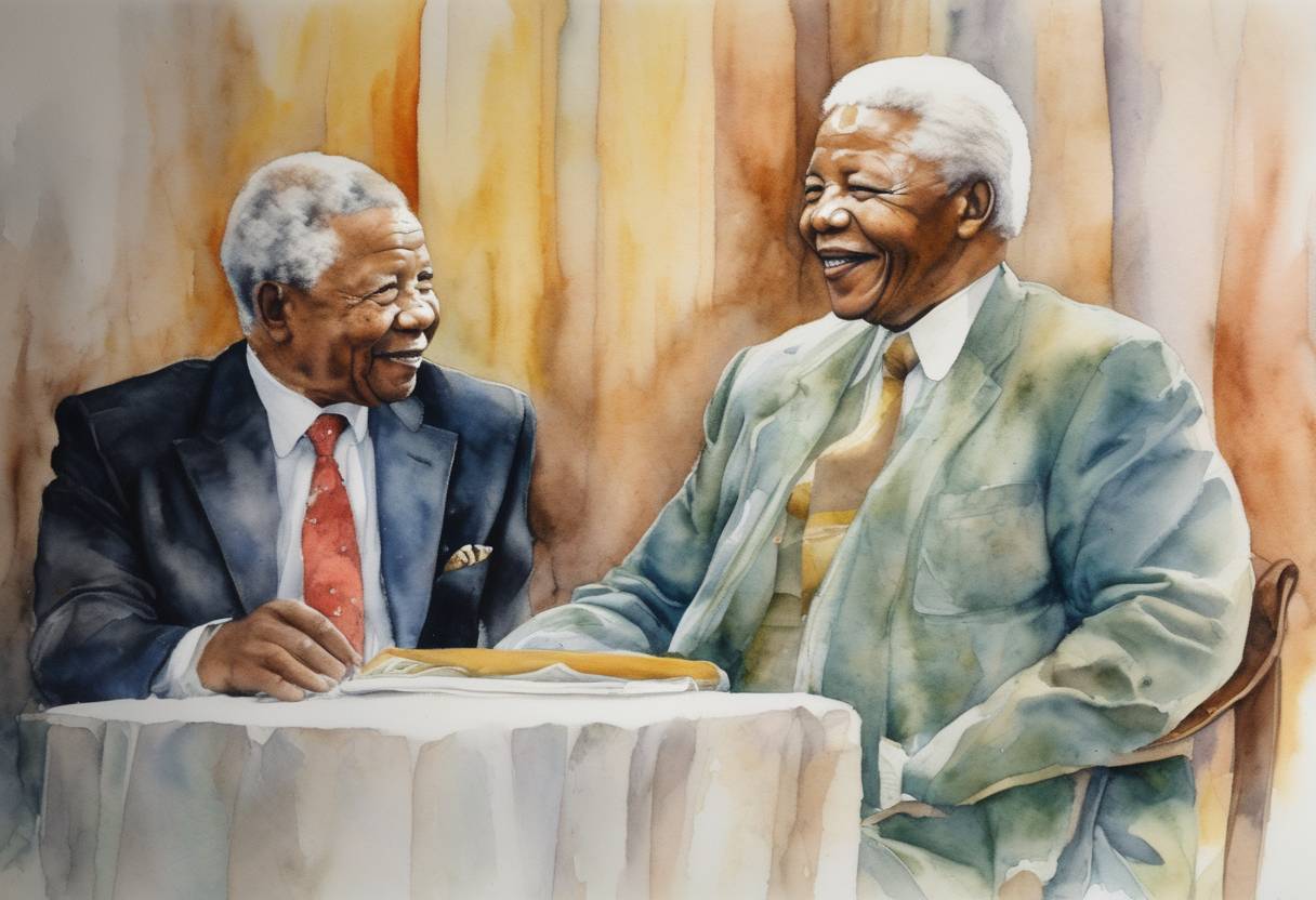 Watercolor painting based depiction of Nelson Mandela and F.W. de Klerk are awarded the Nobel Peace Prize for their efforts in ending apartheid in South Africa. (1993)
