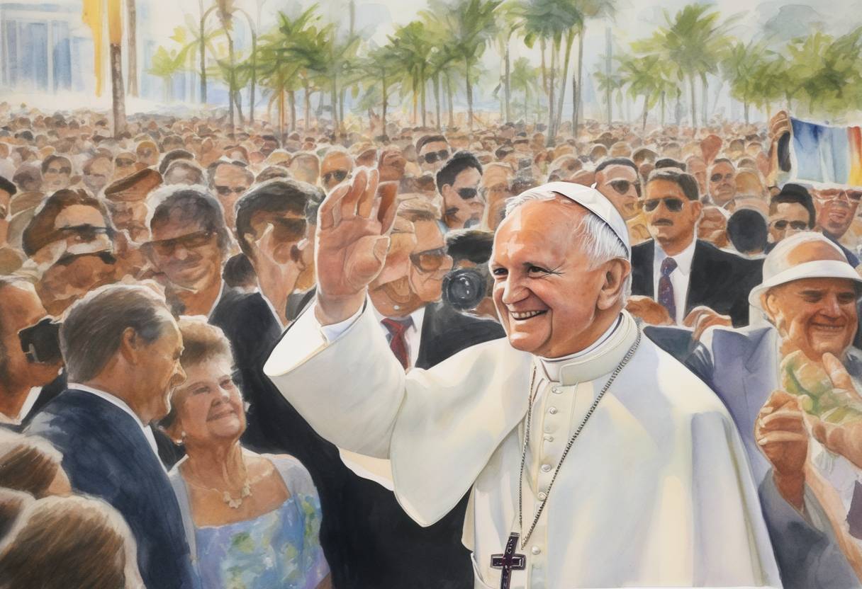 Watercolor painting based depiction of Pope John Paul II arrived in Miami, Florida, marking the beginning of his second visit to the United States. This trip included stops in several cities where he addressed various religious and social issues. (1987)