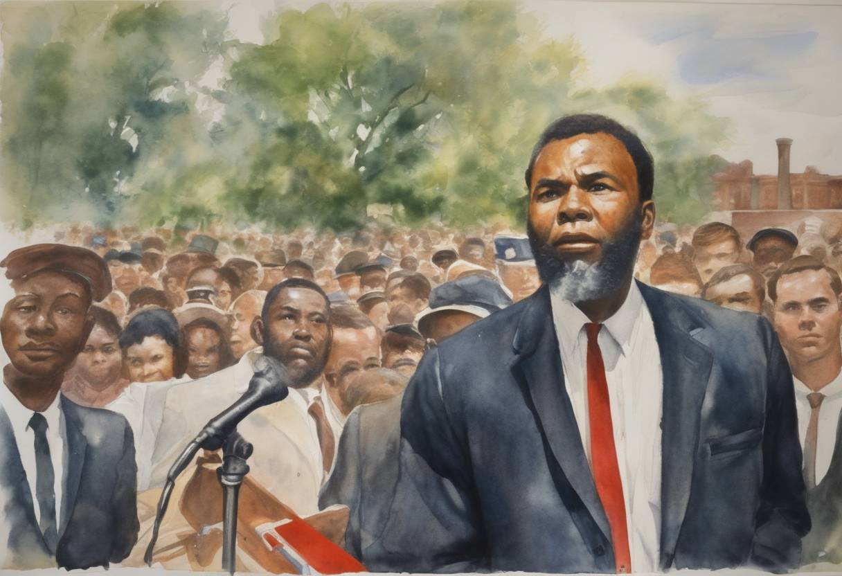 Watercolor painting based depiction of James Meredith, an African-American student, attempted to enroll at the University of Mississippi, an event that precipitated a prominent confrontation between state officials and federal authority. (1962)