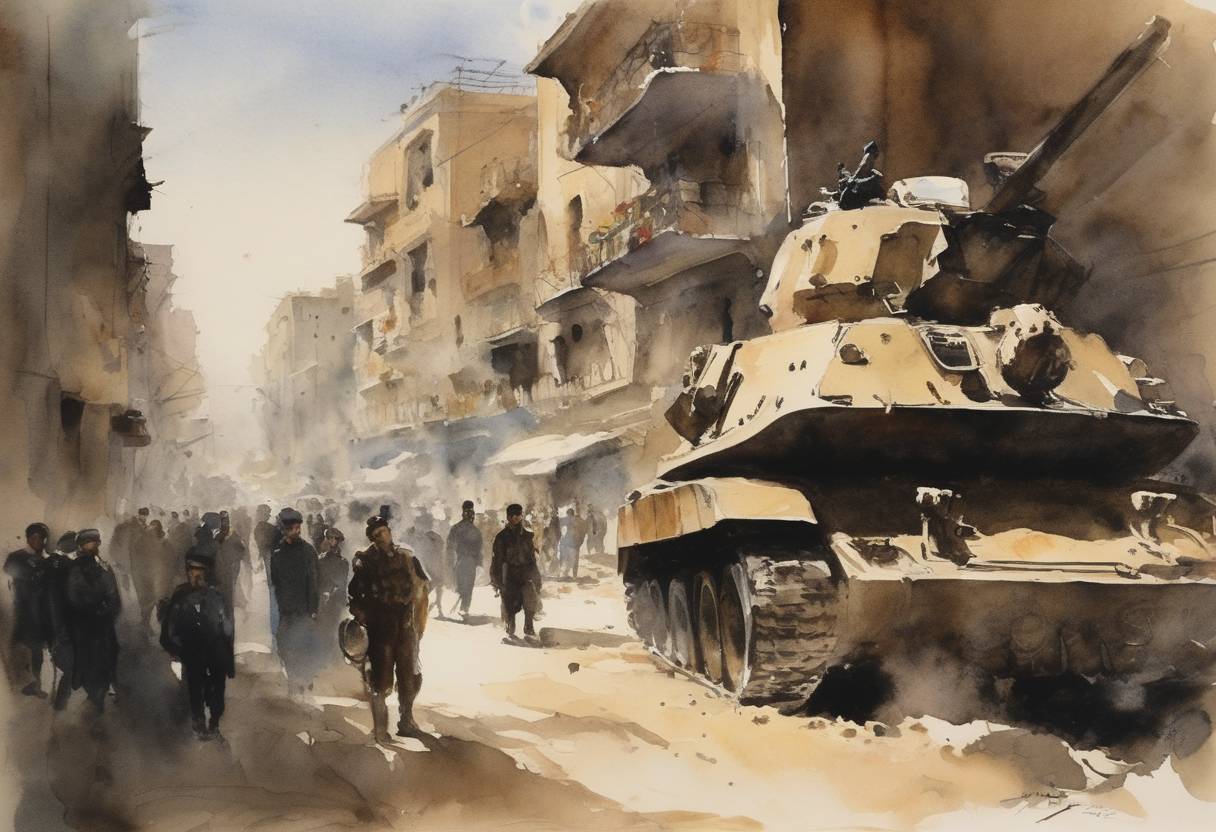 Watercolor painting based depiction of The military coup in Syria leads to the end of the United Arab Republic between Egypt and Syria. (1961)