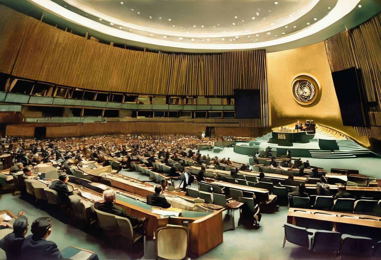 Watercolor painting based depiction of Che Guevara addresses the United Nations General Assembly in New York. (1964)