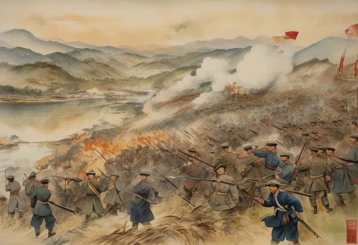 Watercolor painting based depiction of The Sino-Japanese War saw its first major land engagement at the Battle of Pyongyang, resulting in a decisive victory for Japanese forces over Qing China. (1894)
