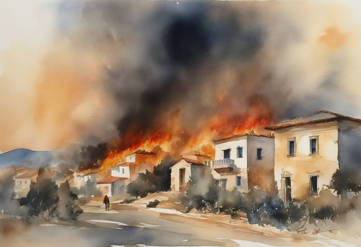 Watercolor painting based depiction of Hundreds of firefighters battle extensive wildfires in Greece, prompting international assistance amidst severe heatwaves and climate conditions. (2023)