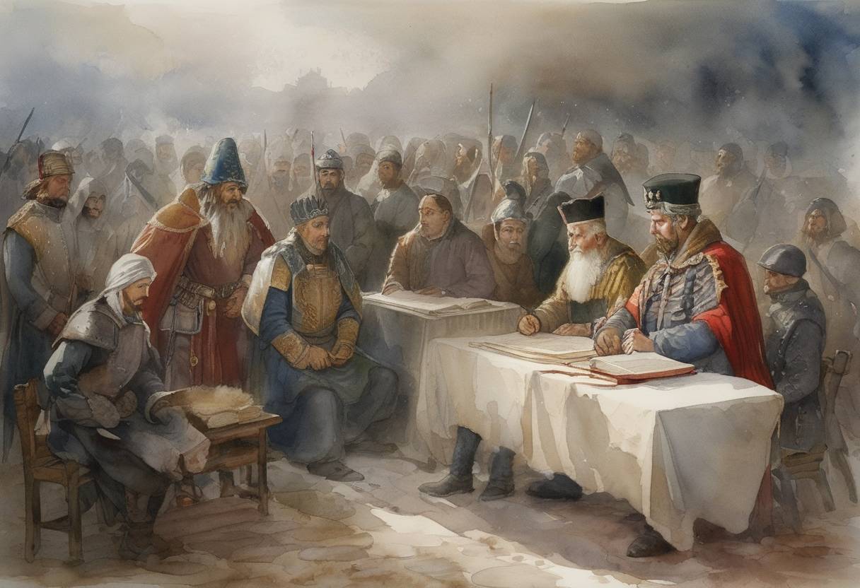 Watercolor painting based depiction of The Treaty of Novgorod was signed between the Kingdom of Norway and the Republic of Novgorod, establishing agreed borders in the region shared by the two entities and ending hostilities in the Norwegian-Novgorodian Wars. (1326)
