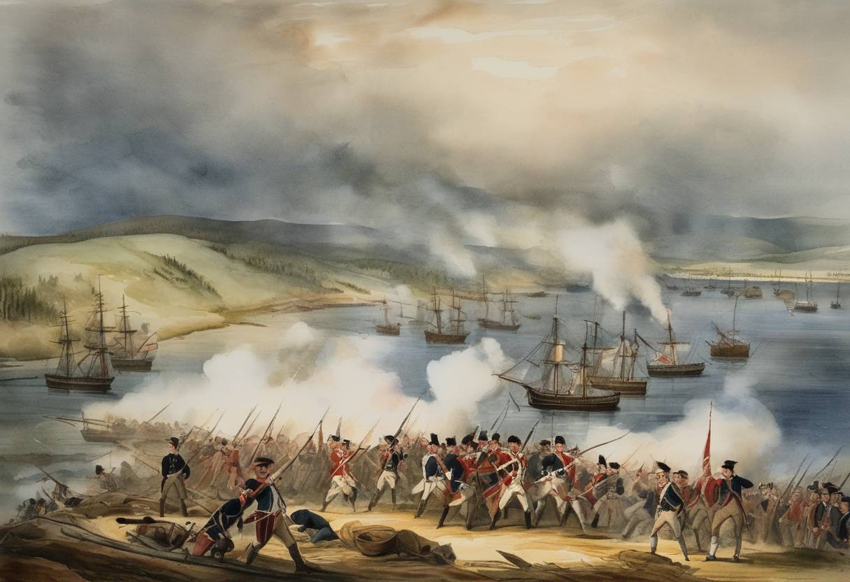 Watercolor painting based depiction of The Battle of Cape Breton begins during the American Revolutionary War. British forces aim to capture supplies from French and American forces at Cape Breton Island. (1781)