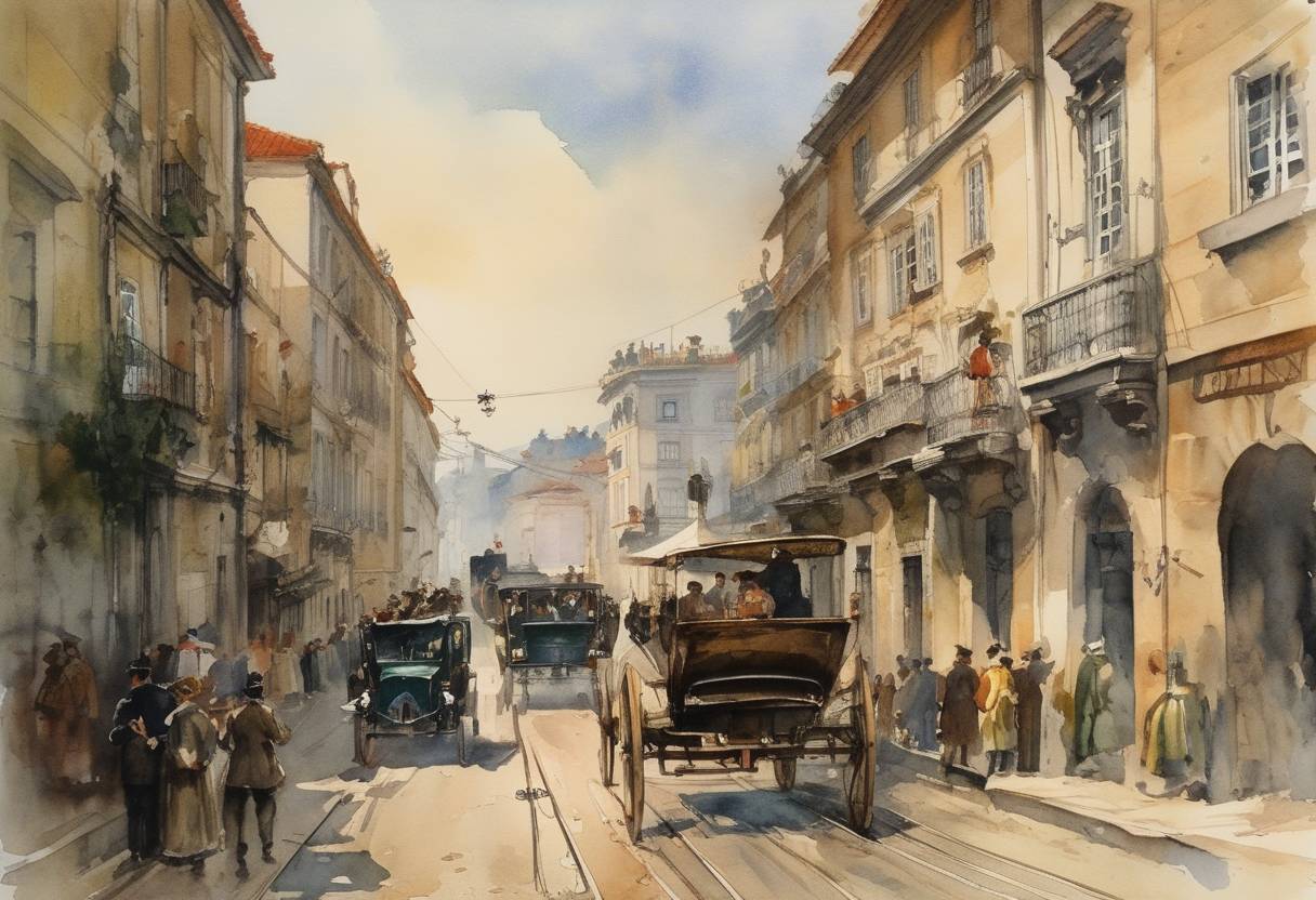 Watercolor painting based depiction of The Portuguese monarchy was overthrown, and Portugal became a republic following the 1910 Republican revolution. (1910)