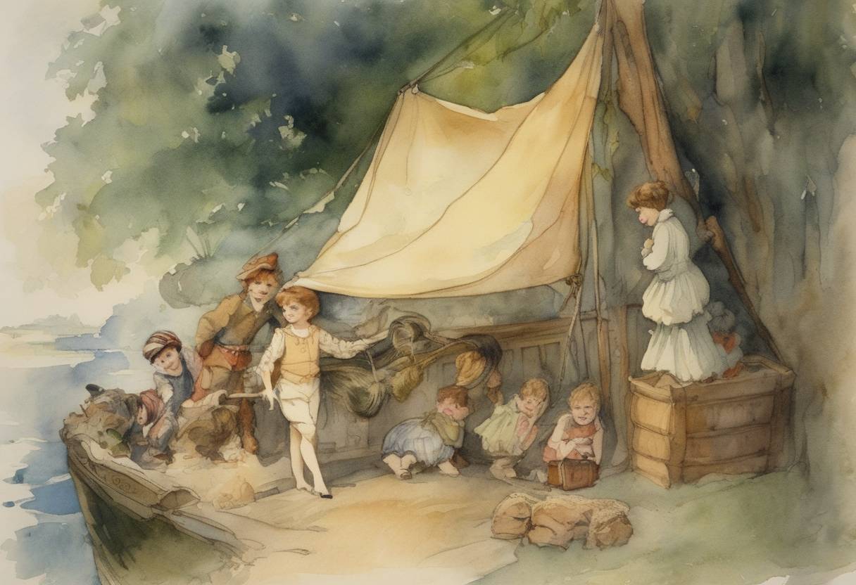 Watercolor painting based depiction of The first performance of J.M. Barrie's play 'Peter Pan, or The Boy Who Wouldn't Grow Up' premiered at the Duke of York's Theatre in London. (1904)