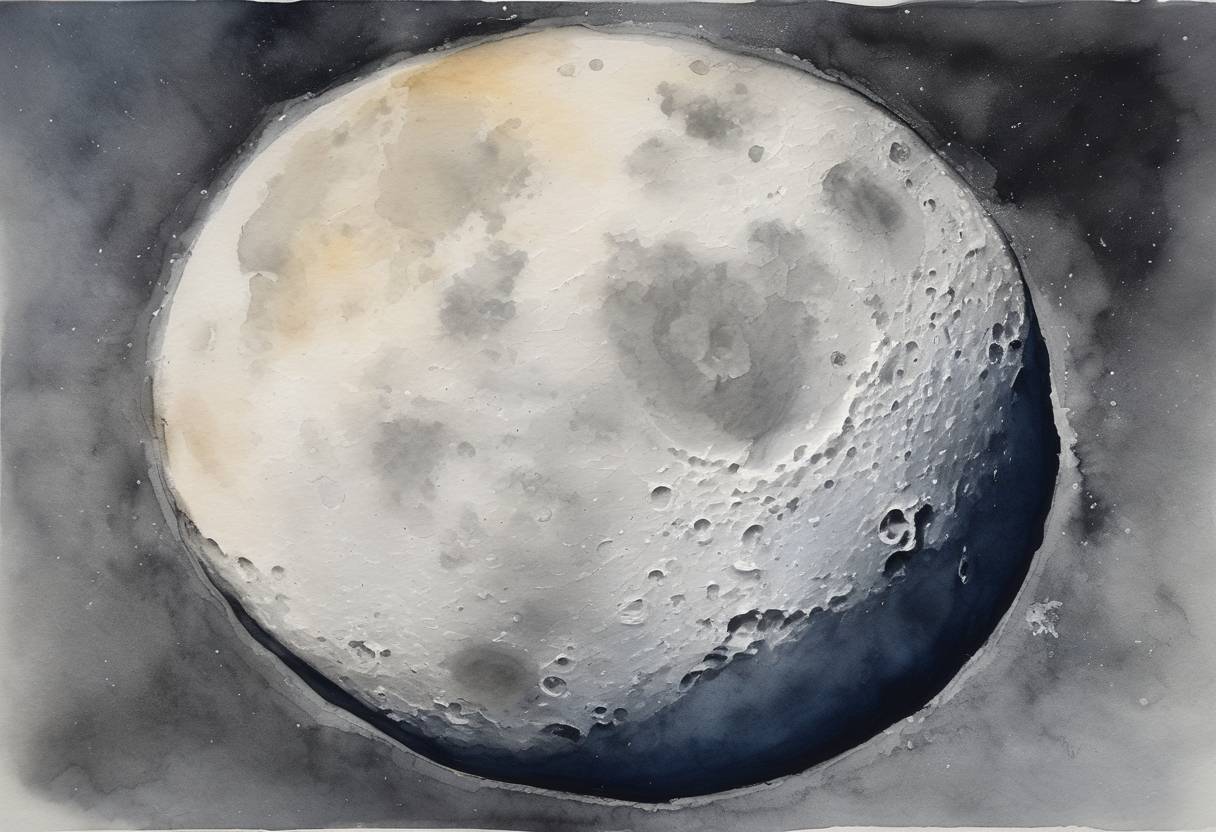 Watercolor painting based depiction of NASA's Lunar Crater Observation and Sensing Satellite (LCROSS) mission confirmed the presence of significant amounts of water ice on the Moon's south pole. (2009)