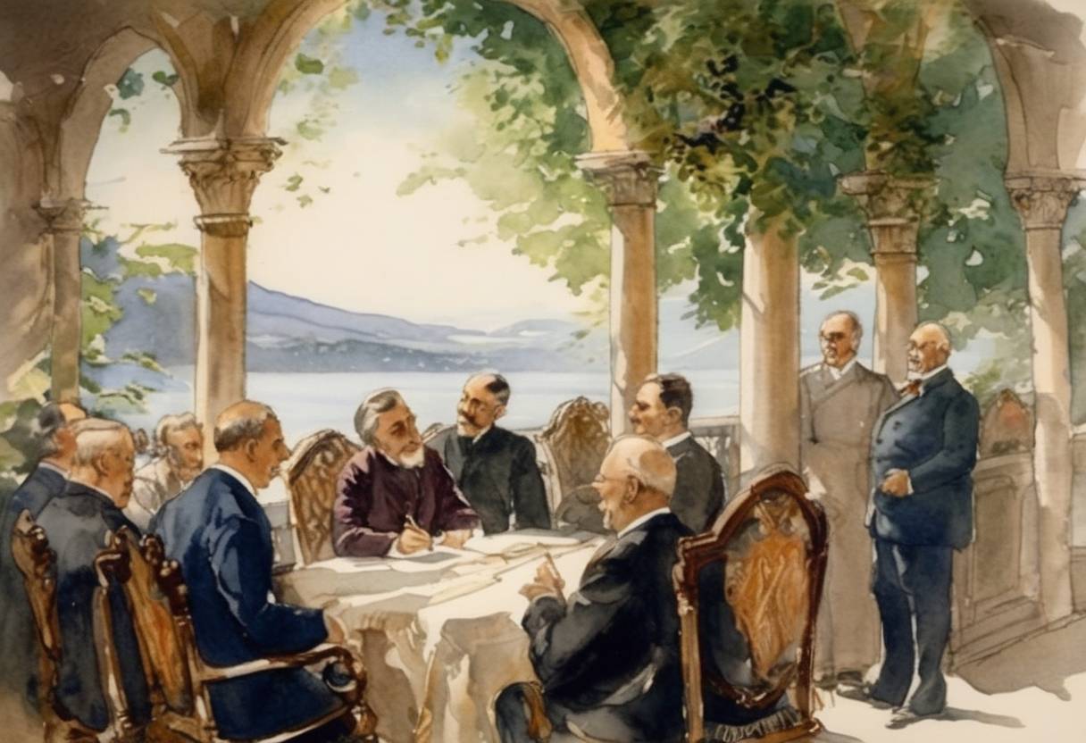 Watercolor painting based depiction of The Treaty of Lausanne was signed, officially ending the Italo-Turkish War. (1912)