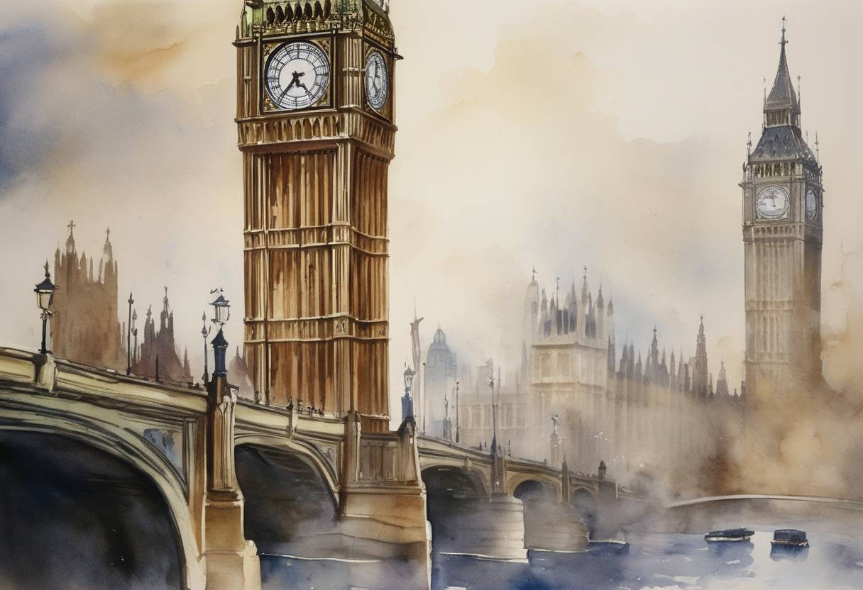 Watercolor painting based depiction of The chimes of Big Ben, the clock tower of the Palace of Westminster in London, were broadcast for the first time by the BBC to mark the new year. (1923)
